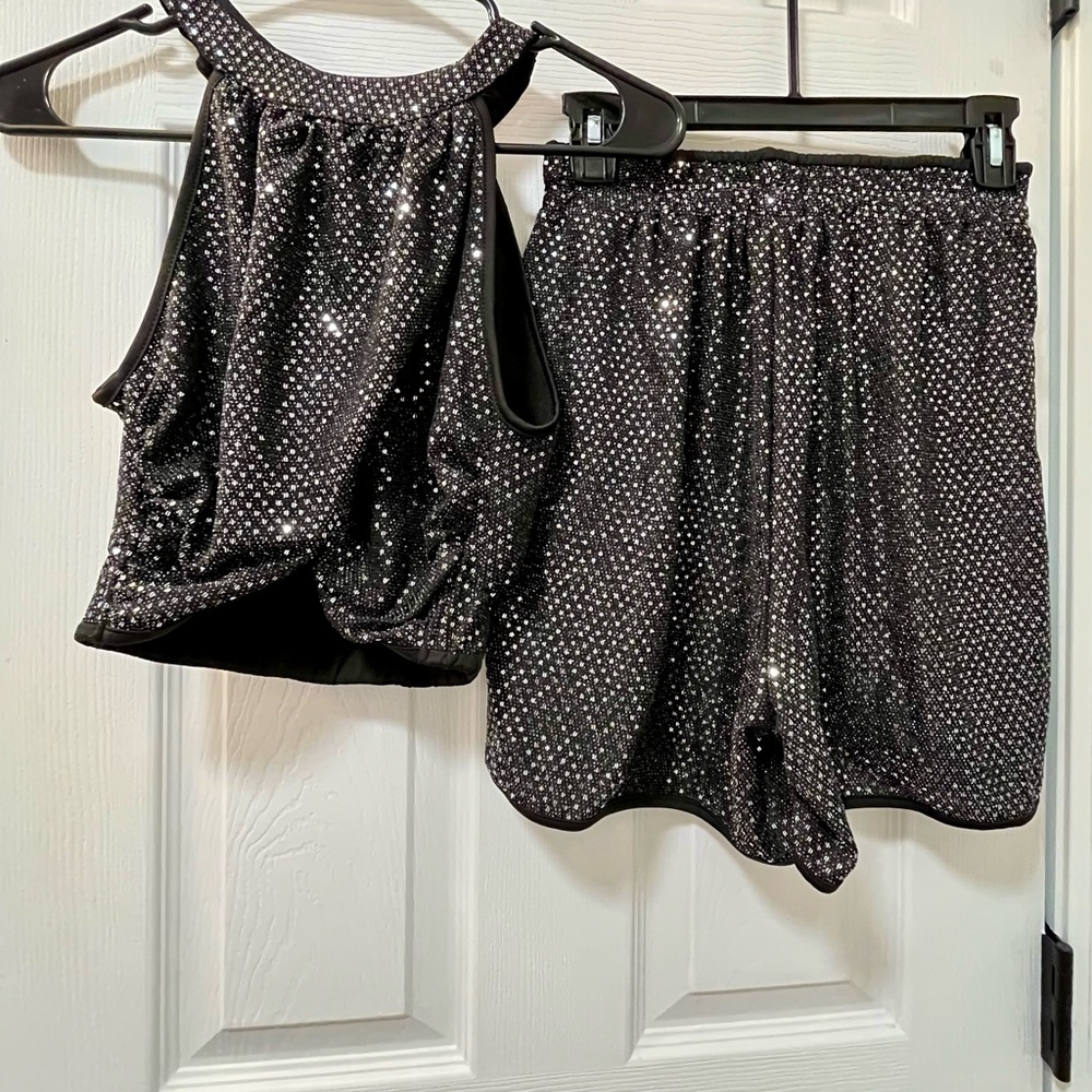 SHEIN Black and Silver Sparkly Crop Halter Top and Shorts Set